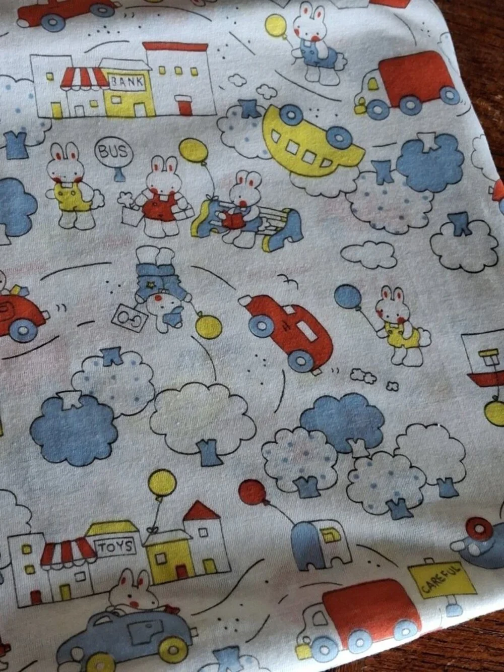 Vtg Knit Fabric Stretch Material - Blue Red Yellow Boy Bunnies Cars 1.25yd x 56